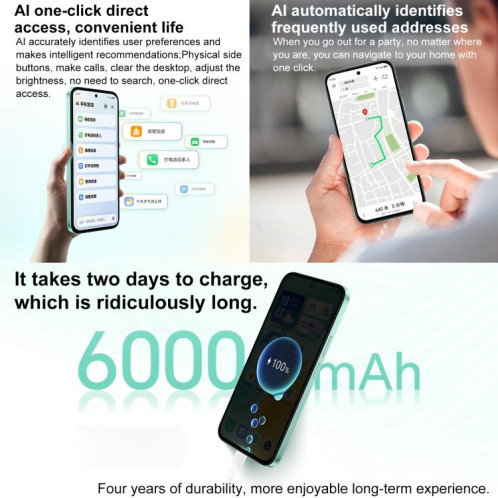 Honor Play 60, 6 Go + 128 Go, lecteur d'empreintes digitales latéral, écran 6,61 pouces, MagicOS 9.0, Dimensity 6300 Octa Core, réseau : 5G, OTG (cyan) SH00QC614-09